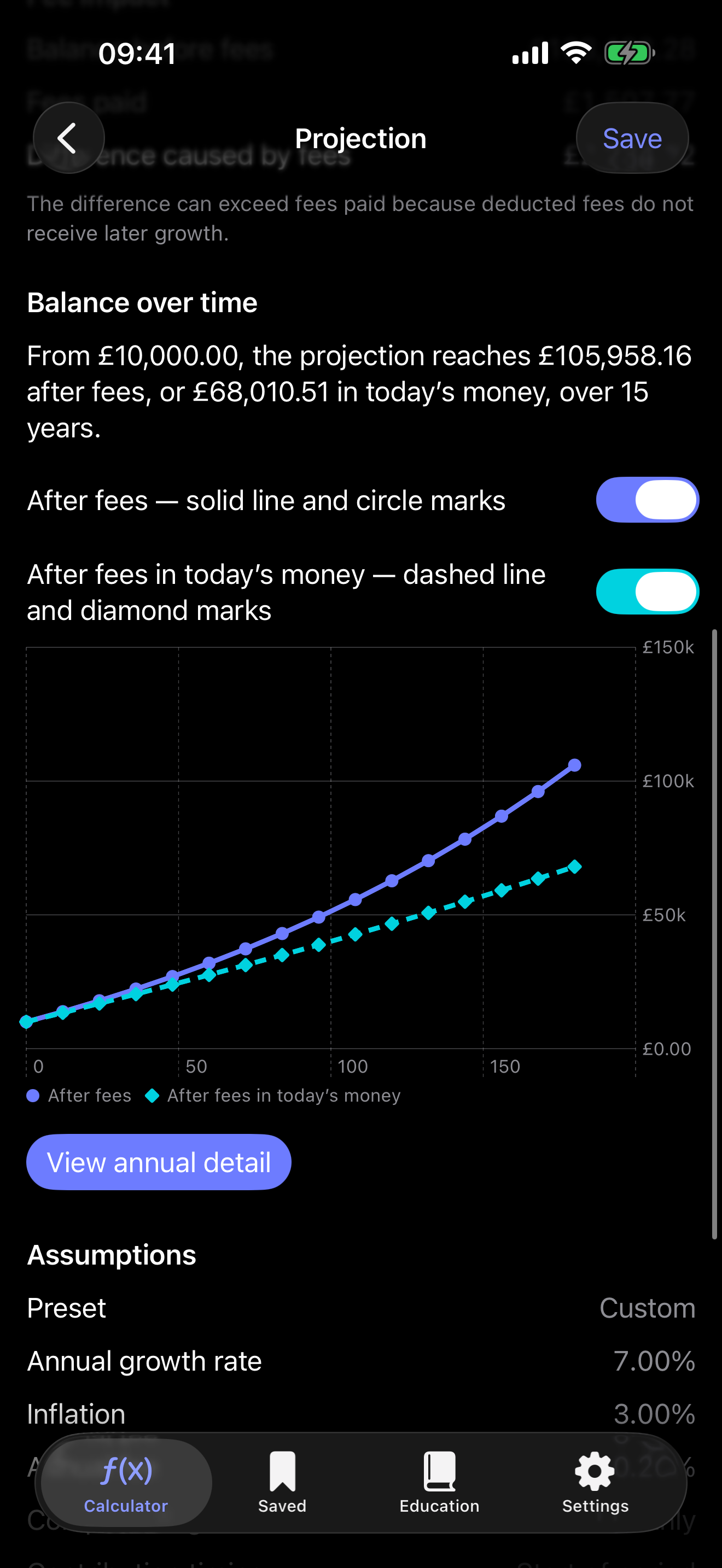 iPhone screen showing the balance-over-time chart comparing after-fees and inflation-adjusted projections.